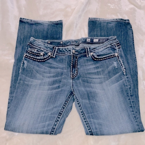 MISS ME 👖 DISTRESSED DESTROYED RIPPED THICK STITCH BOOTCUT JEANS Women 36/18 L33 - Picture 4 of 14